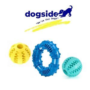 3 PIECE DOG CHEW TOYS, 2 TREAT DISPENSING BALLS, 1 BLUE DONUT